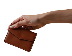 Obraz premium Female hand confidently holds brown wallet, small leather accessory for personal finance
