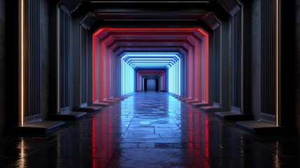Fototapeta premium Futuristic Neon Corridor with Geometric Panels