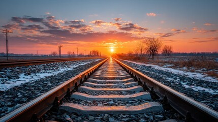 Fototapeta premium Railroad tracks leading to a vibrant sunset