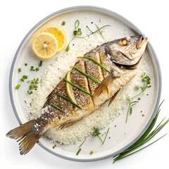 Grilled tilapia fish with salt crust and lemongrass stuffing, isolated on transparent background, photorealistic, top-down view, soft studio lighting
