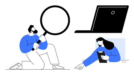 Man with magnifying glass, woman holding tablet reaching out, and laptop side view. Ideal for teamwork, research, analysis, collaboration, data investigation, problem-solving simple landing page