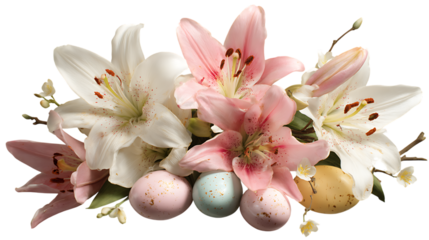 Beautiful easter lily arrangement with pastel colored eggs isolated on transparent background