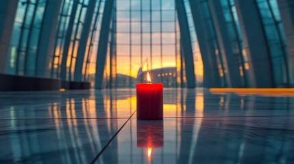Red candle is lit in a large, empty room with a blue sky outside