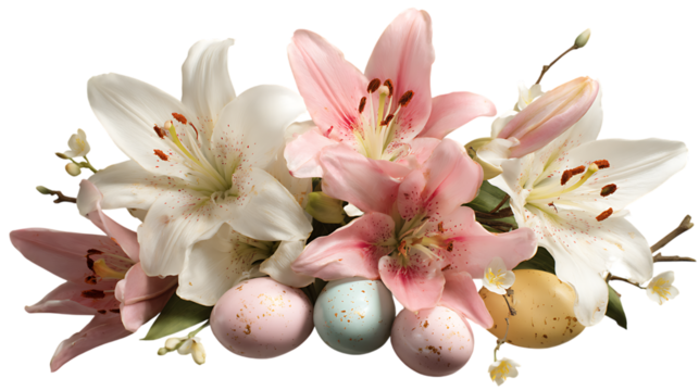 Beautiful easter lily arrangement with pastel colored eggs isolated on transparent background