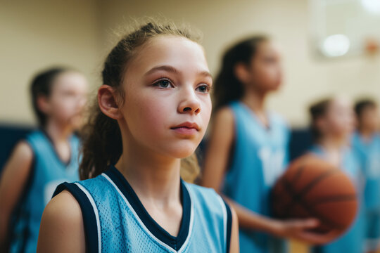 focused girl basketball player in blue jersey with teammates practicing on indoor court during game training session