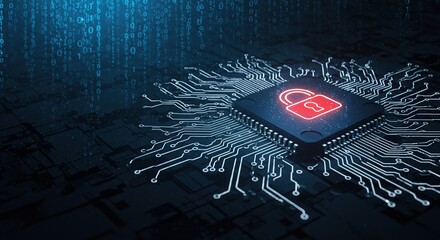 Digital security concept locked processor chip with binary code background