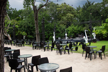 Empty Outdoor Concert Venue with Saxophone Statues
