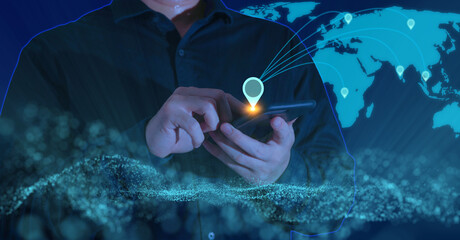 Man Using Smartphone with Global Network Visual