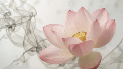 Obraz premium Delicate pink lotus flower with wisps of grey smoke bloom