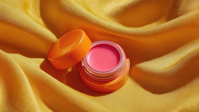 Coral-pink lip balm jar on gold fabric - Powered by Adobe