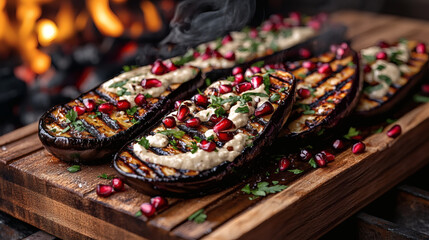 Fototapeta premium Smoky grilled eggplant with tahini and pomegranate seeds at blue hour