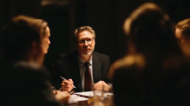 A man in a suit and glasses attentively listens and takes notes during a dimly lit business meeting surrounded by other professionals
