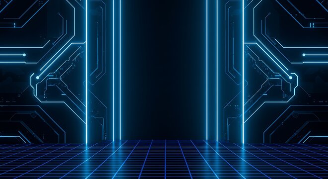 Futuristic digital portal with glowing blue neon lines and a circuit board pattern. Abstract technology concept with a grid floor. - Powered by Adobe