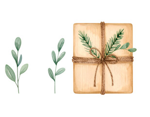 Watercolor gift box with green leaves and twine decoration. Watercolor illustration isolated transparent background