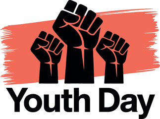 Illustration featuring three raised black fists against a coral background with youth day text below