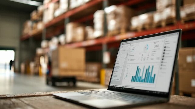 A laptop displaying analytics and charts rests on a wooden surface in a large warehouse filled with stacked boxes and shelving suggesting logistics management - Powered by Adobe
