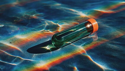 A  test tube,  green liquid inside,  rests on  rippled water, vibrant colors