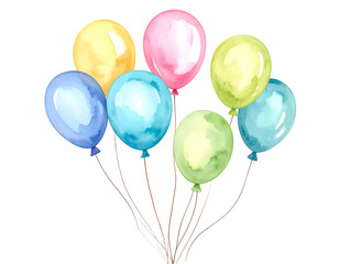 Colorful balloons floating in the air. Watercolor illustration isolated transparent background