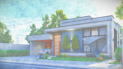 3D illustration of a one-story minimalist home in a natural landscape