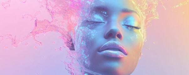 A woman with closed eyes surrounded by water splashes