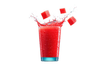 Red Fruit Juice with Ice Cubes Splashing in Tall Glass on Transparent Background