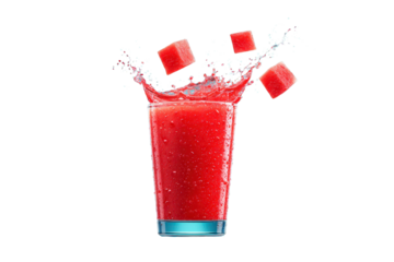 Red Fruit Juice with Ice Cubes Splashing in Tall Glass on Transparent Background