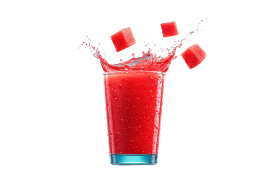 Red Fruit Juice with Ice Cubes Splashing in Tall Glass on Transparent Background