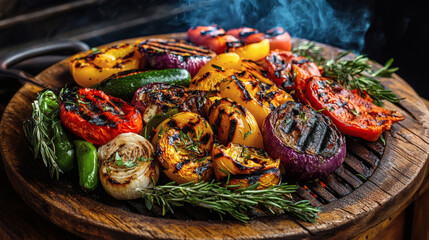 Smoky grilled vegetable platter with herb oil at blue hour