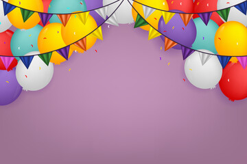 Colorful Balloons and Party Flags on Purple Background for Celebration, Birthday, or Festive Invitation