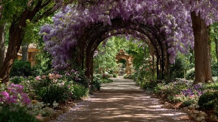 Obraz premium Wisteria-arched garden path. Lush blooms