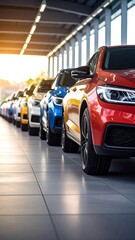 Showroom display of many colorful cars