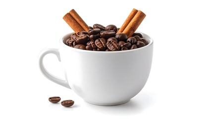 Fototapeta premium White coffee cup filled with coffee beans and cinnamon sticks
