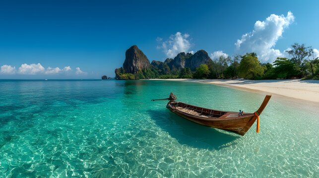 Tranquil thai beach with longtail boat and limestone cliffs