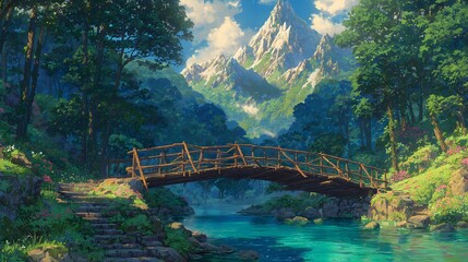 Fototapeta premium Enchanted forest bridge leading to majestic floating mountains