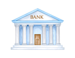 Illustration of a traditional bank building with columns and a triangular roof. Watercolor illustration isolated transparent background