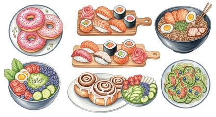 Delicious Food Illustration Collection - An appetizing illustration featuring various food items including sushi, donuts, ramen, cinnamon rolls, and healthy bowls.