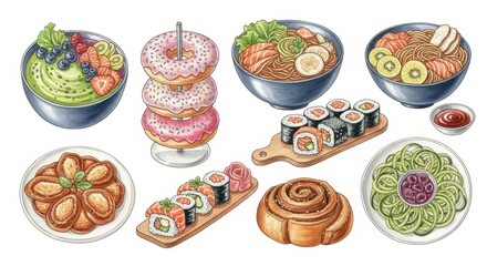 Delicious International Food Collection - An assortment of vibrant and appetizing international dishes, including sushi, ramen, donuts, and more. Perfect for food blogs, menus, and culinary websites