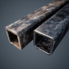 Two rusty, square metal pipes