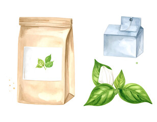 Tea packaging with leaves and box. Watercolor illustration isolated transparent background 