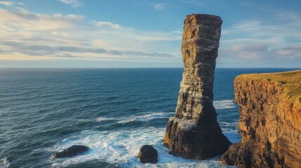 Dramatic sea stack rises above the waves.