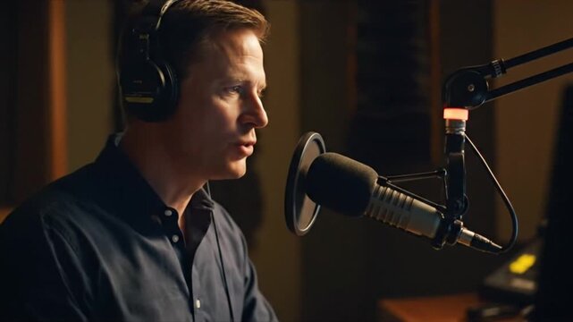 A focused man wearing headphones speaks into a professional microphone in a warm, dimly lit recording studio.