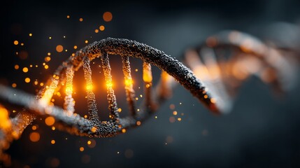 A glowing double helix DNA structure with sparkling light accents stands out against a dark background,