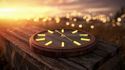 Rustic clock against a sunset backdrop symbolizing the fleeting nature of time