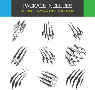 Unleash fierce creativity A collection of nine unique claw mark icons evoking raw power danger