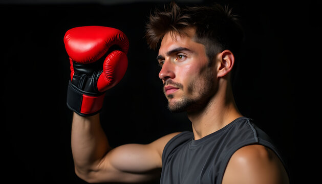 A focused boxer poses with his red boxing glove in a dynamic display of strength and power. - Powered by Adobe
