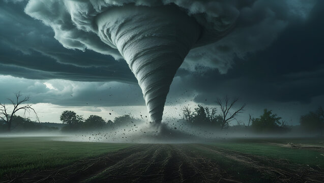 A powerful tornado descends from a swirling, ominous storm cloud, touching down in a rural field, kicking up debris and dust.