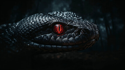 Detailed macro shot of a black snake's head with a vivid red eye serpent reptile