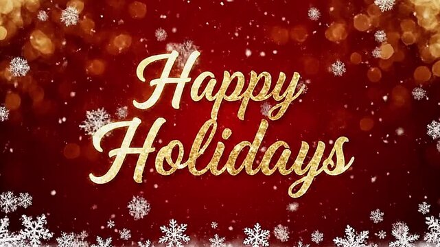 Festive image with Happy Holidays text in gold set against a red background with snow and bokeh