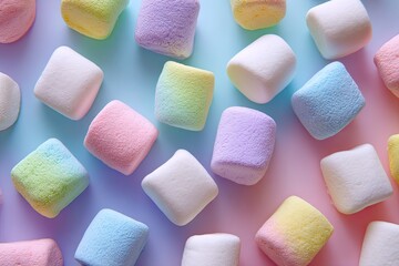 Colorful square marshmallows arranged on a pastel gradient background