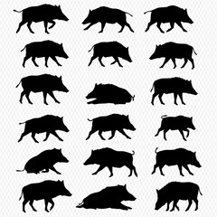 A grid of eighteen black wild boar silhouettes, illustrating various poses and movements on a checkered background.